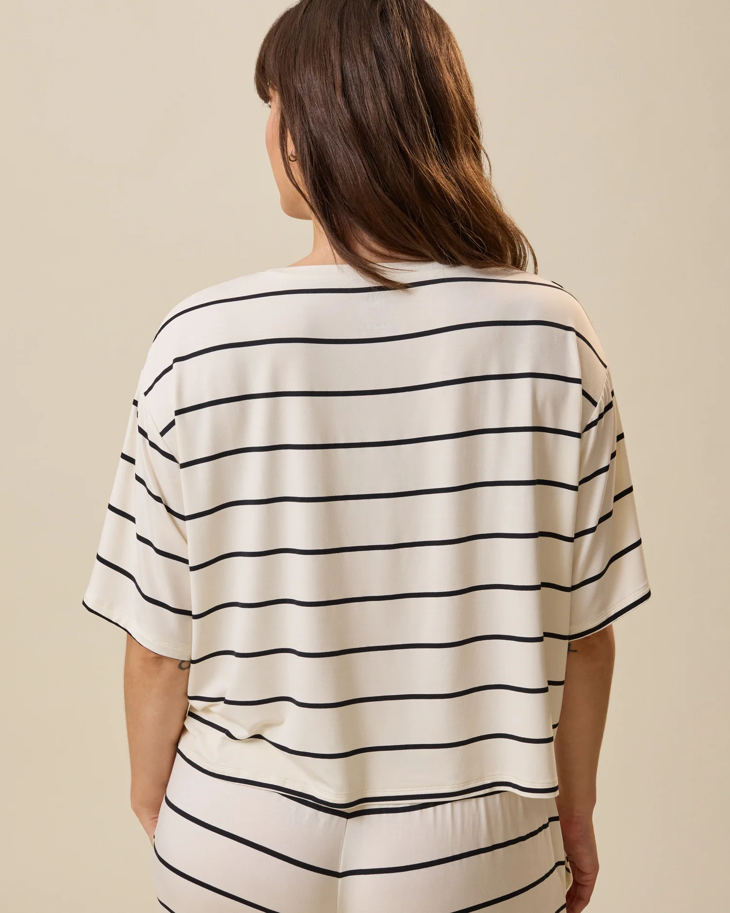 Aria Bamboo Casual Cropped Short Sleeve Top | White & Black Stripe - Image 5