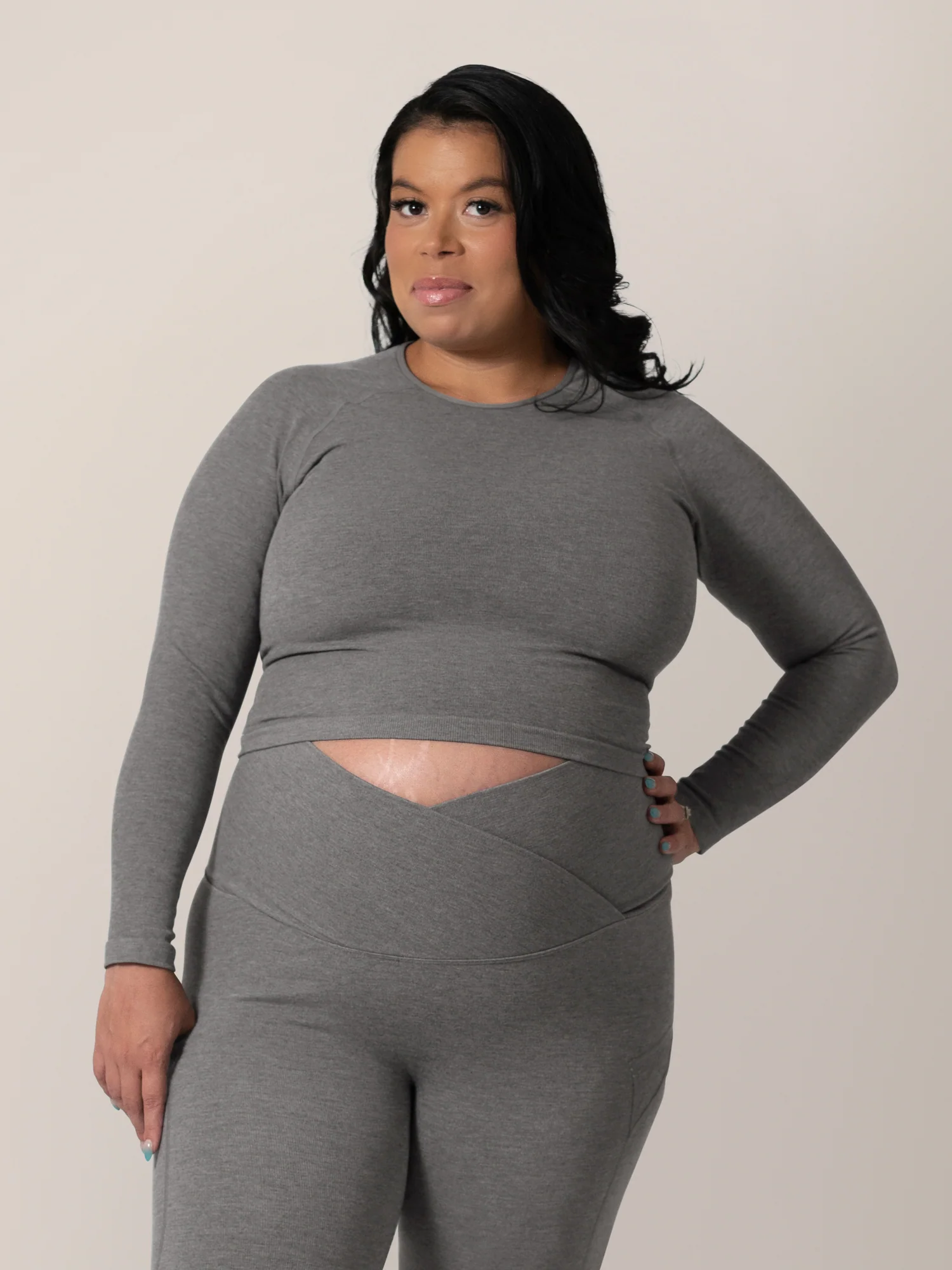 Sublime® Bamboo Maternity & Nursing Cropped Long Sleeve Top | Charcoal - Image 4